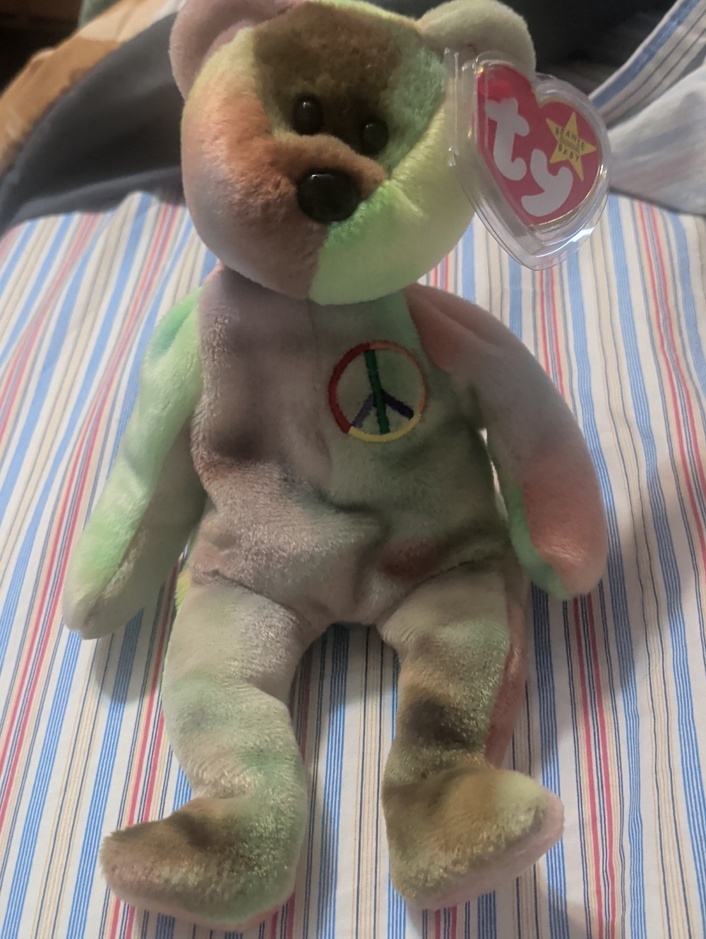 PEACE☮️Ty Tie-Dye Peace Bear Plush in Pastel Green Pink Yellow Brown